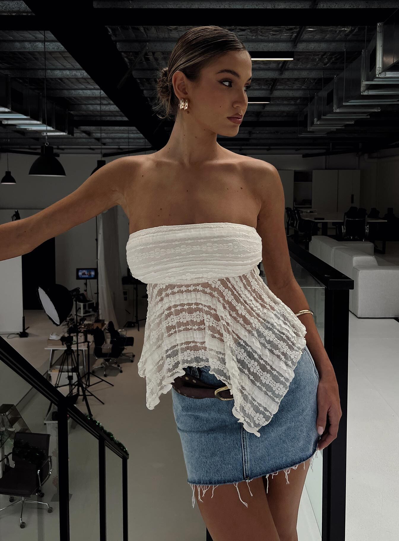 back view of model wearing Princess Polly You Were Right Strapless Textured Top Cream Sleeveless straight 