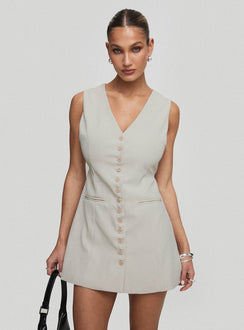 front view of model wearing Princess Polly Katja Mini Dress Oyster V-Neck 