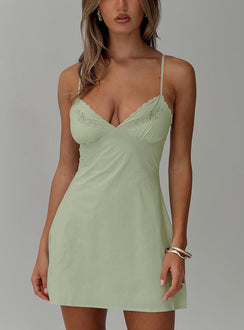 front view of model wearing Princess Polly Aruba Embroidered Mini Dress Sage Plunger 