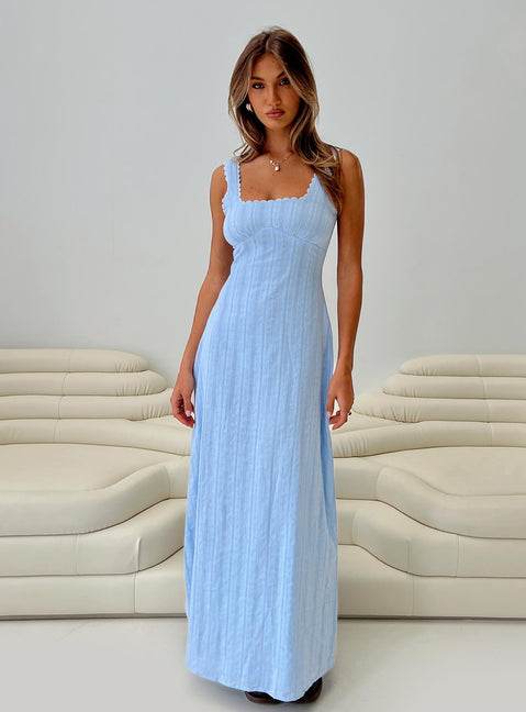 side view of model wearing Princess Polly Dasha Maxi Dress Blue Square Neck 
