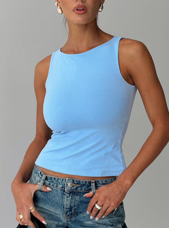 front view of model wearing Princess Polly Lose Your Number High Neck Top Blue Sleeveless Crew Neck 