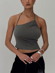 front view of model wearing Princess Polly Catalyst Asymmetrical Top Slate Sleeveless Asymmetric Neckline 