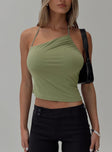 front view of model wearing Princess Polly Catalyst Asymmetrical Top Green Sleeveless Asymmetric Neckline 