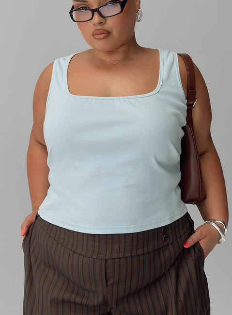 front view of model wearing Princess Polly Baseline Square Neck Rib Tank Top Light Blue Curve Sleeveless Square Neck 