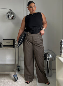front view of model wearing Princess Polly Briellea Thick Waistband Pant Pinstripe Curve High Rise Pants 
