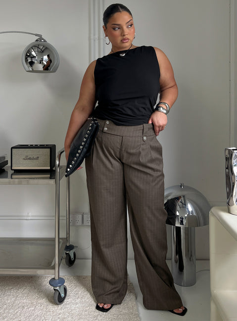 front view of model wearing Princess Polly Briellea Thick Waistband Pant Pinstripe Curve High Rise Pants 