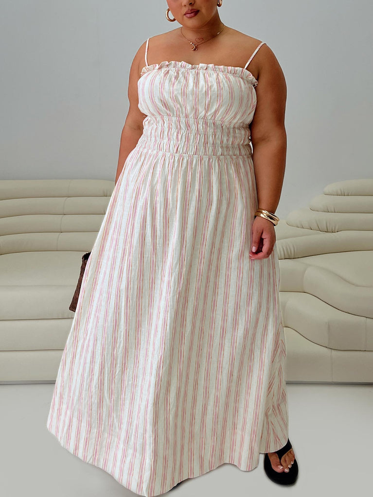 front view of model wearing Princess Polly Persephone Shirring Linen Maxi Dress Pink Stripe Curve Square Neck 