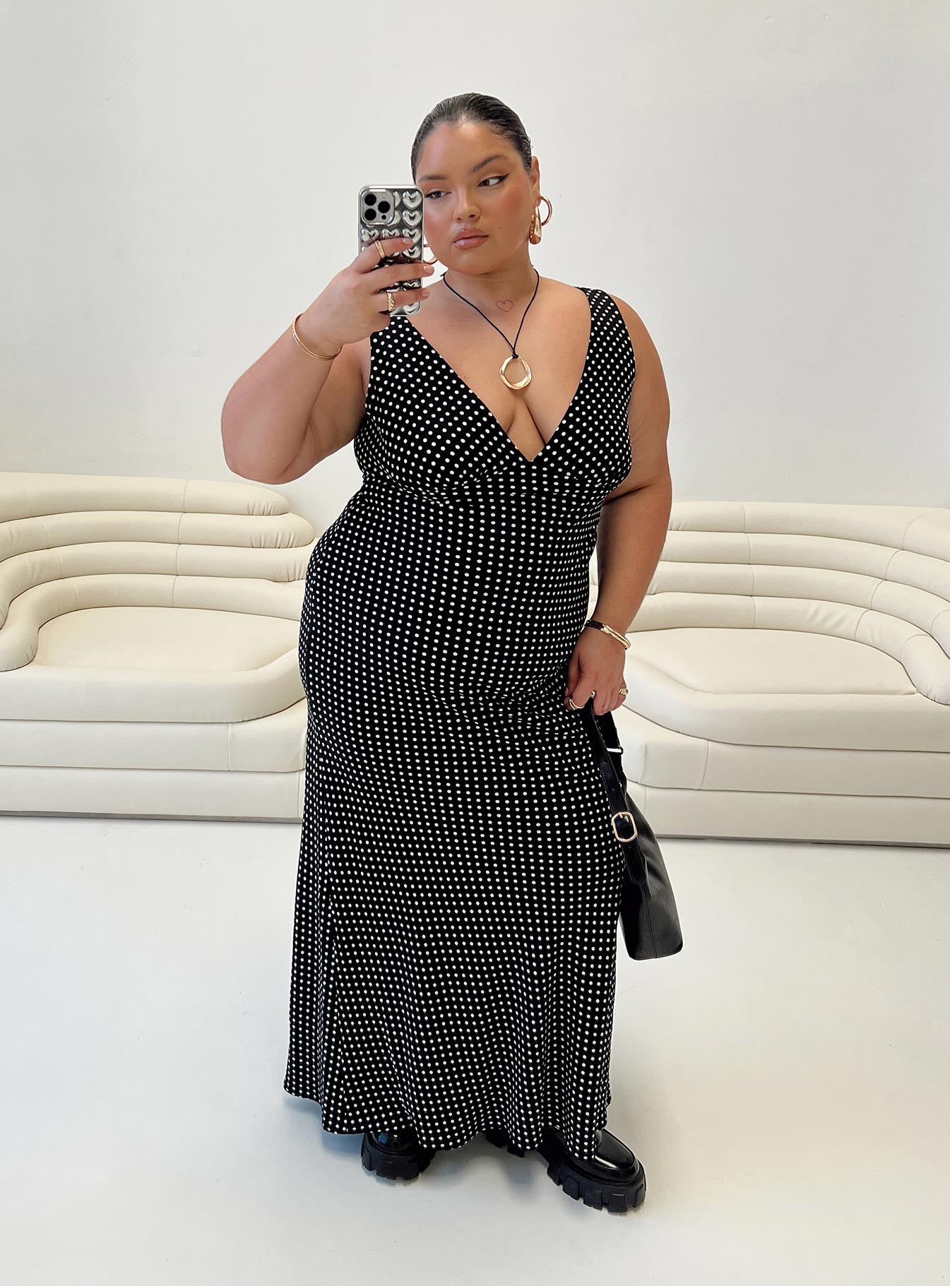 Black and white polka dot maxi dress plus size best sale