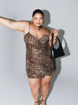 Front view of model wearing  front Princess Polly Asymmetric Neckline Asymmetric Neckline  Linnard Mini Dress Leopard Curve