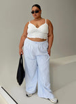 front view of model wearing Princess Polly Beach House Pants Blue Stripe Curve 