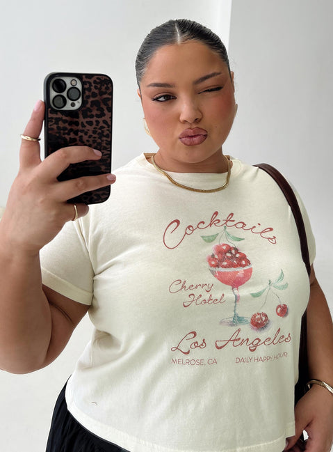 front view of model wearing Princess Polly Cherry Cocktails Tee Cream Curve Short Sleeves Crew Neck 
