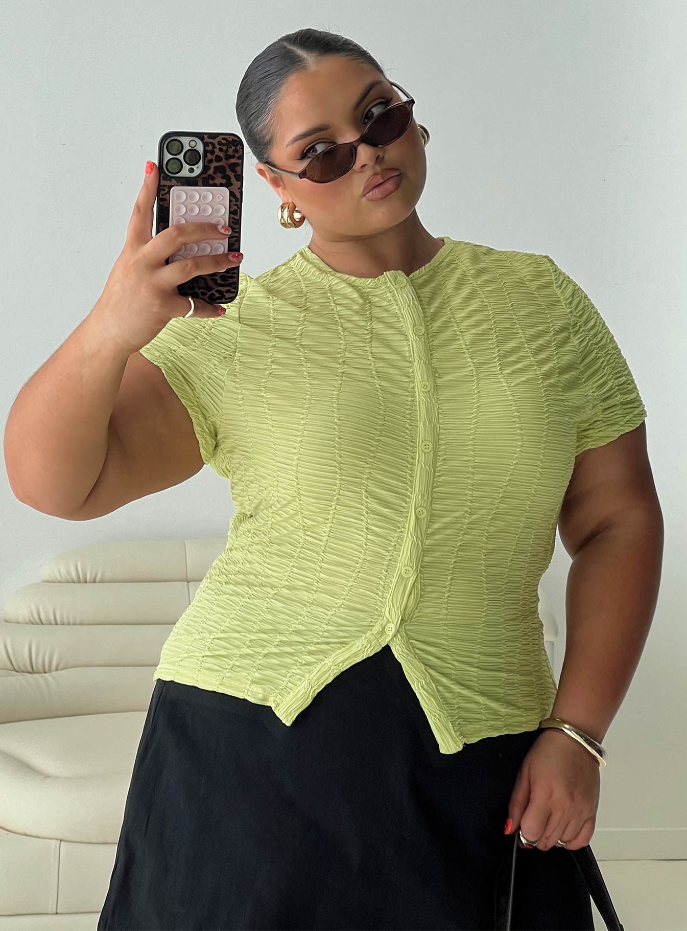 front view of model wearing Princess Polly Suzu Textured Top Green Curve Short Sleeves Crew Neck 