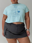 front view of model wearing Princess Polly Cheers To You Tee Blue Curve Short Sleeves Crew Neck 