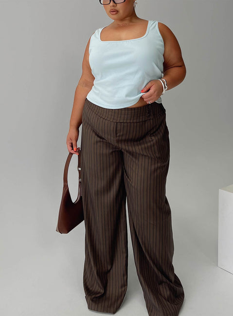 front view of model wearing Princess Polly Cedars Low Rise Pant Brown Stripe Curve Low Rise Pants 