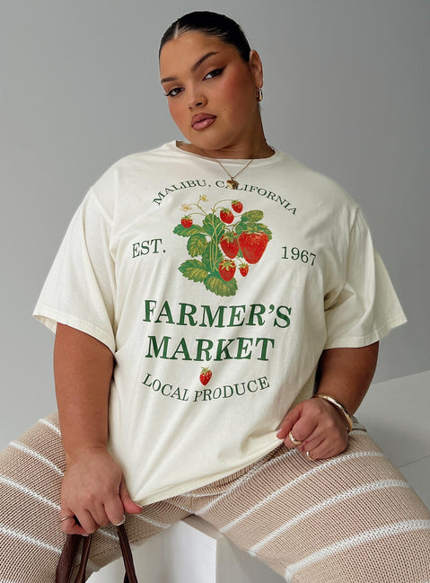 front view of model wearing Princess Polly Local Produce Tee Cream Curve Half Sleeves Crew Neck 
