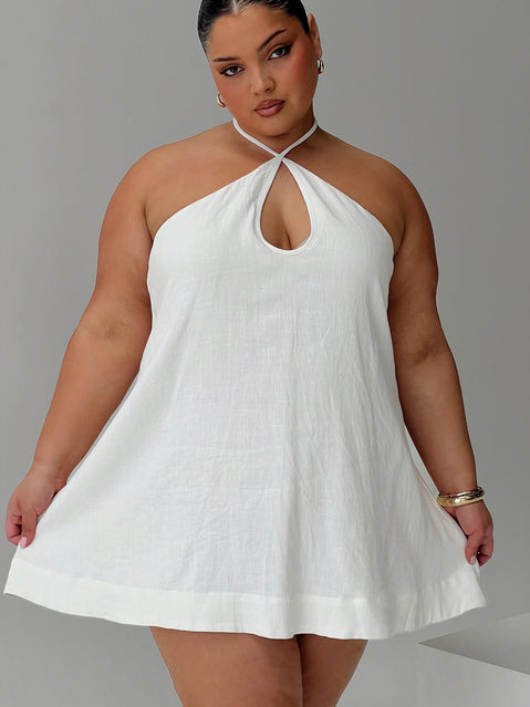 front view of model wearing Princess Polly Thomasina Linen Halter Dress White Curve 