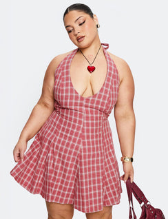 Out Of Nowhere Halter Mini Dress Red Check Curve