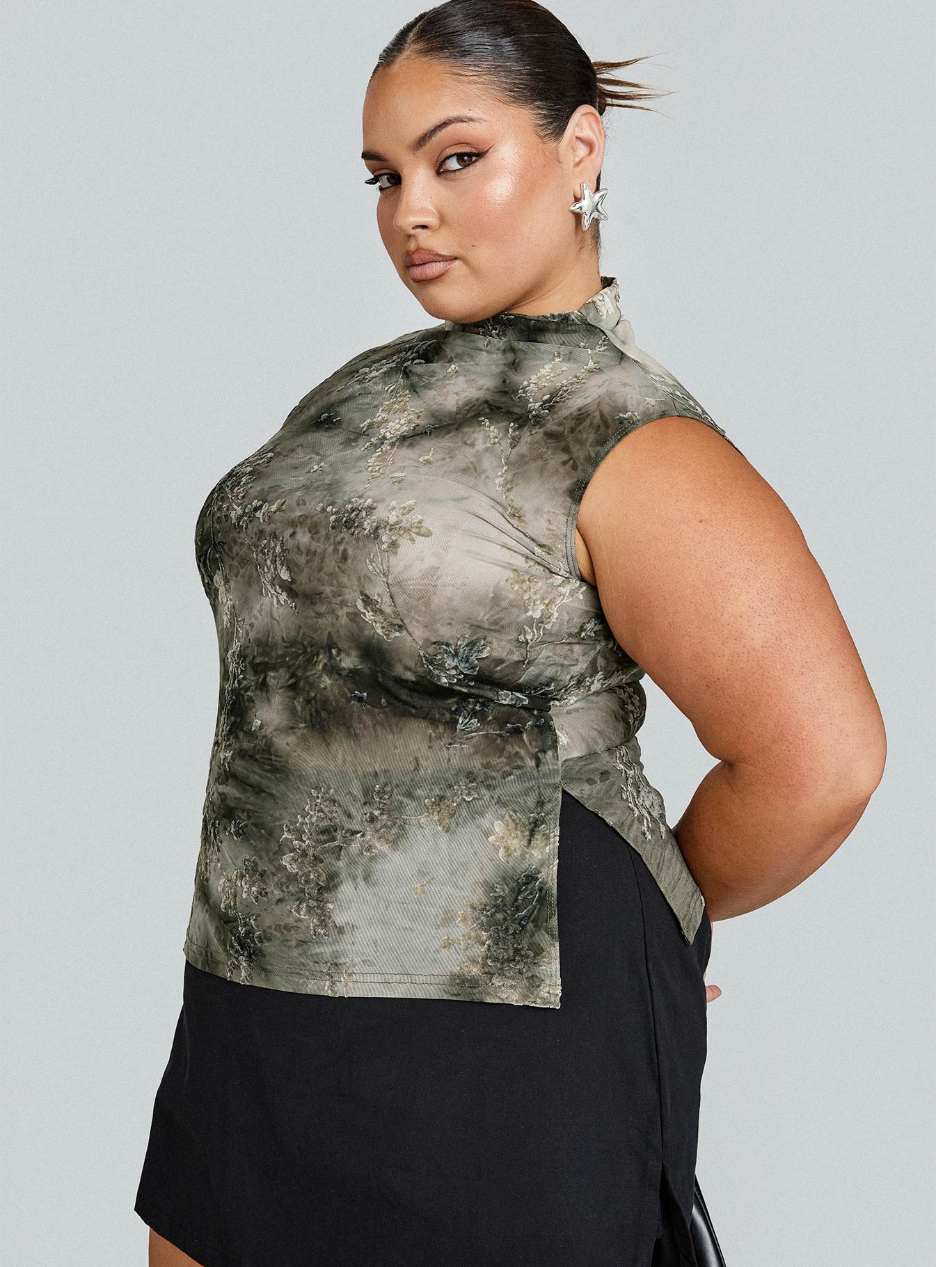 side view of model wearing Princess Polly Nights All Alone High Neck Top Multi Curve Sleeveless High Neck 