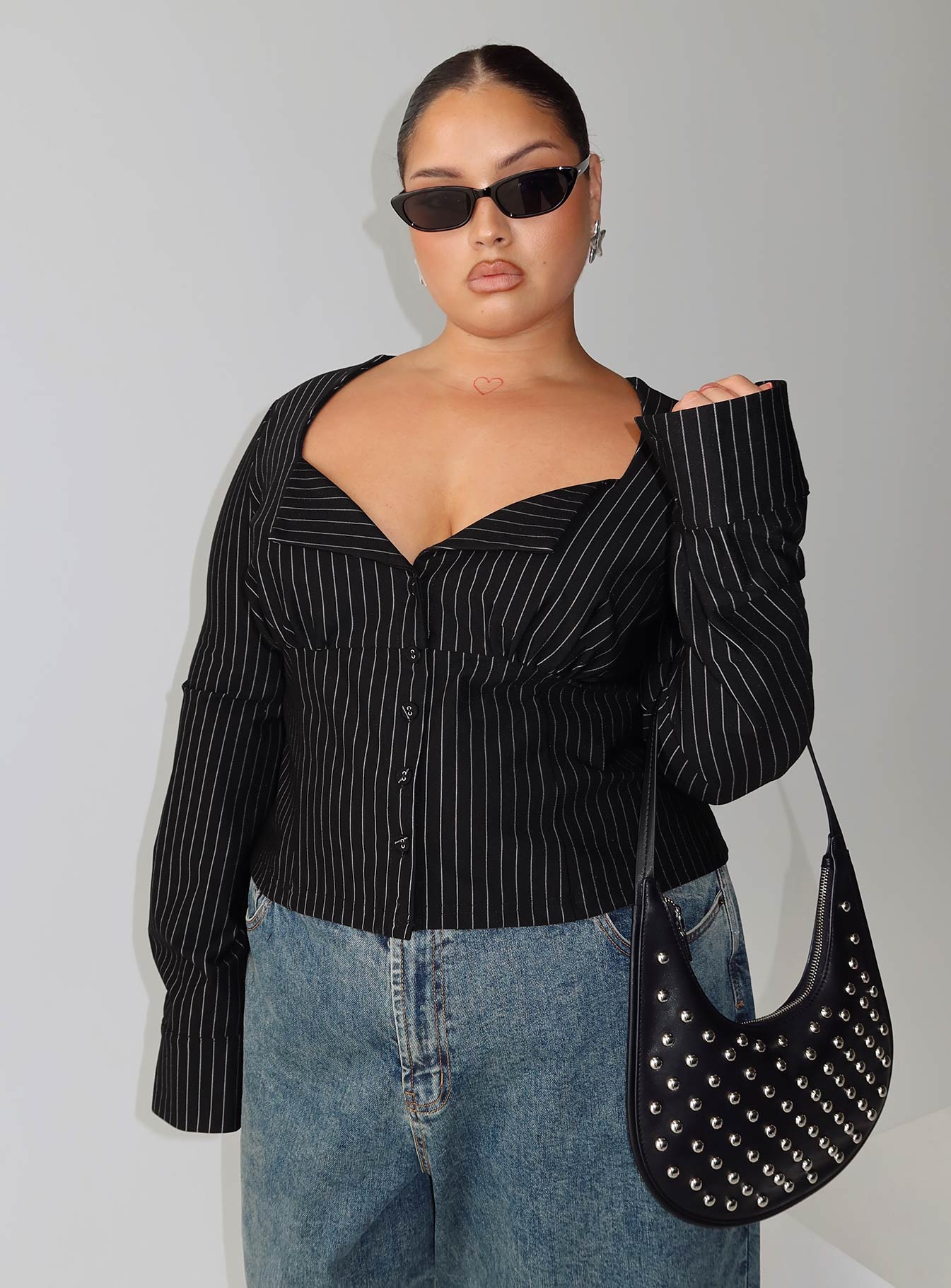 front view of model wearing Princess Polly Set For Life Foldover Detail Long Sleeve Top Black / White Pinstripe Curve Full Sleeves Sweetheart 