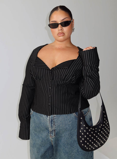 front view of model wearing Princess Polly Set For Life Foldover Detail Long Sleeve Top Black / White Pinstripe Curve Full Sleeves Sweetheart 