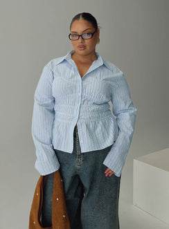 front view of model wearing Princess Polly Liesel Shirred Long Sleeve Top Stripe Curve Full Sleeves V-Neck 
