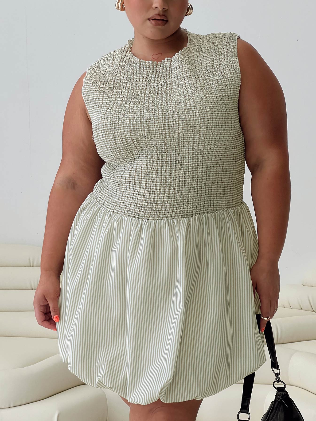 front view of model wearing Princess Polly Narnie Mini Dress Sage Curve Crew Neck 