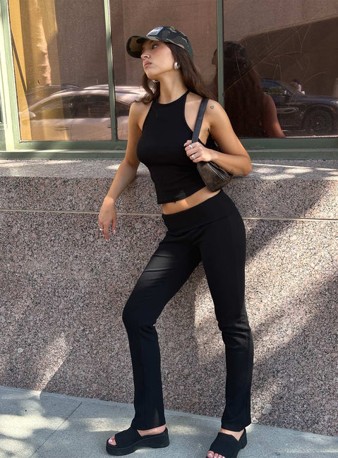 side view of model wearing Princess Polly Truth Be Told Straight Leg Pant Black Low Rise Pants 