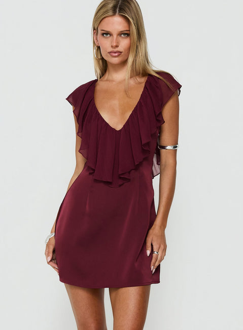 Madibelle V Neck Frill Mini Dress Wine
