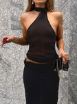 One shoulder top Asymmetric neck wrap and tie, open back, pull on design Non-stretch material, unlined 