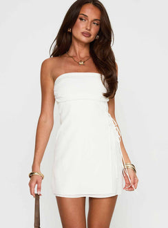 front view of model wearing Princess Polly New Beginnings Strapless Mini Dress White Straight Neck 