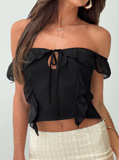 front view of model wearing Princess Polly Molins Short Sleeve Off The Shoulder Top Black Short Sleeves straight 