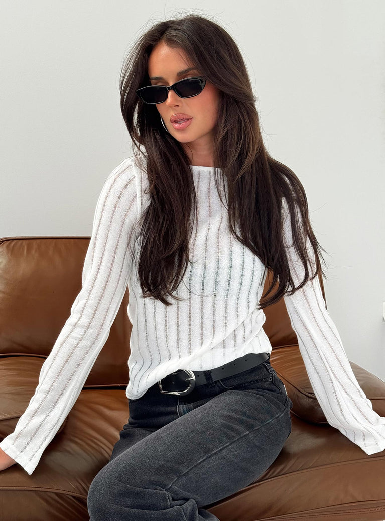 front view of model wearing Princess Polly Tuppence Ribbed Long Sleeve Top White Full Sleeves Boat Neck 