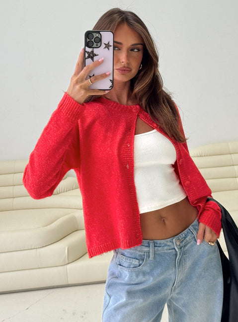 front view of model wearing Princess Polly Denmark Cardigan Red cropped 