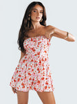 Strapless romper Floral print Inner silicone strip at bust Shirred back band Invisible zip fastening at back