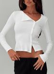 front view of model wearing Princess Polly Passoni Long Sleeve Top White Full Sleeves Asymmetric Neckline 