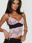 Lace crop top Adjustable shoulder straps, v-neckline, asymmetric hem Good stretch, fully lined Princess Polly Lower Impact 