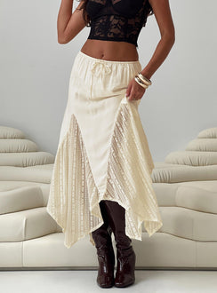   side view of model wearing Princess Polly Madame Lace Maxi Skirt Cream Maxi 