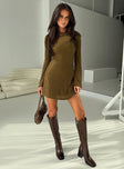 side view of model wearing Princess Polly Lukea Long Sleeve Mini Dress Olive Ribbed Boat Neck 