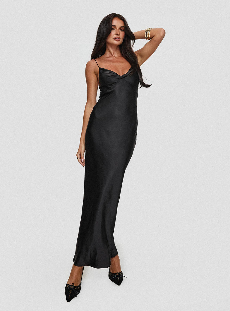 side view of model wearing Princess Polly Marilyn Maxi Dress Black Plunger 