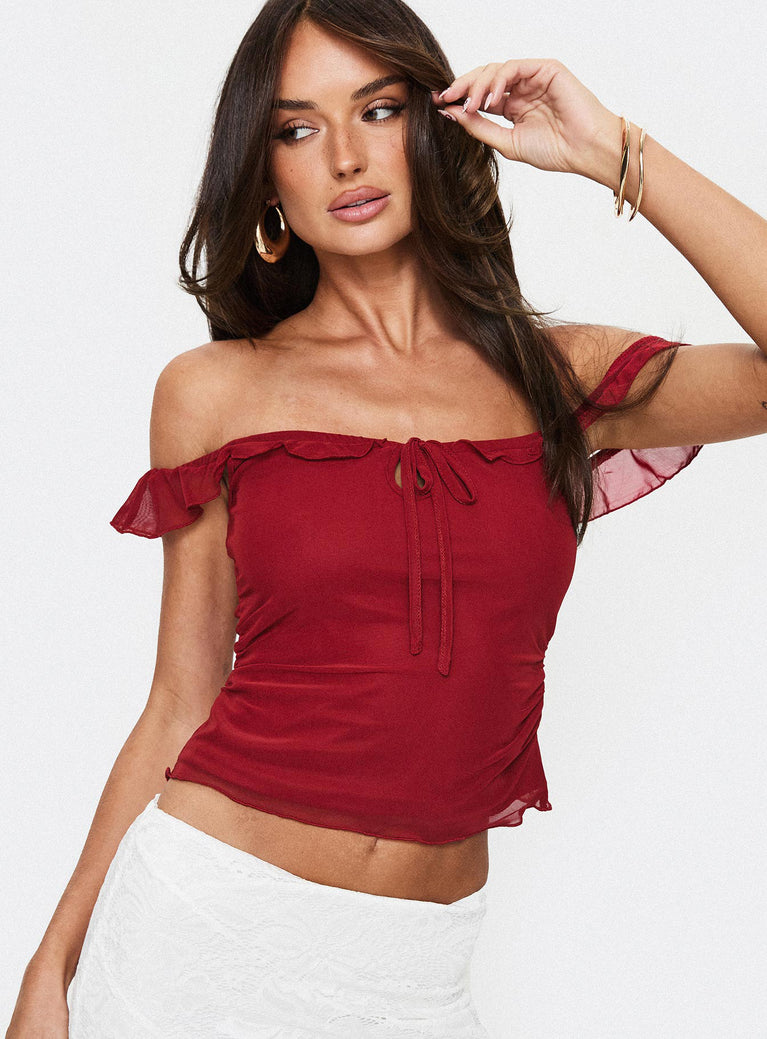 front view of model wearing Princess Polly Ayaan Off The Shoulder Top Red Sleeveless straight 