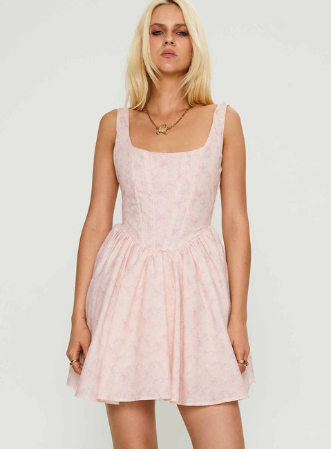 front view of model wearing Princess Polly Bridgitte Corset Mini Dress Floral Square Neck 