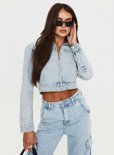 Denim jacket Moto style, zip fastening at front, lapel collar, button fastening at cuff