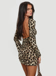 back view of model wearing Princess Polly Carnal Mini Dress Leopard Boat Neck 