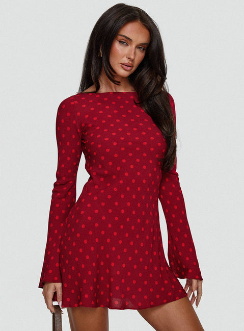 front view of model wearing Princess Polly Good Graces Long Sleeve Mini Dress Red Dot Boat Neck 