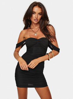 front view of model wearing Princess Polly Mylee Off The Shoulder Mini Dress Black Sweetheart Neckline 