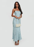 side view of model wearing Princess Polly Salvin Strapless Maxi Dress Blue Straight Neck 