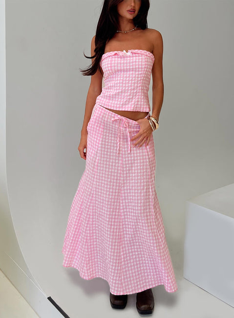   side view of model wearing Princess Polly Carmino Maxi Skirt Pink Check Maxi 