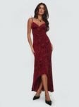 front view of model wearing Princess Polly Rumours Slippy Burnout Maxi Dress Burgundy Sweetheart Neckline 