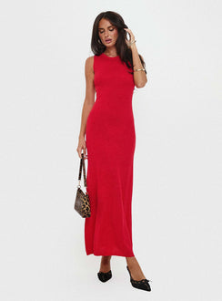 side view of model wearing Princess Polly Maebie Knit Maxi Dress Red Crew Neck 