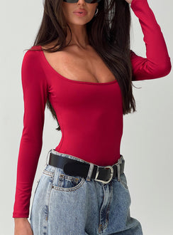 back view of model wearing Princess Polly Ellery Bodysuit Red Long Sleeve Tops 
